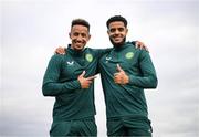 10 October 2023; Callum Robinson, left, and Andrew Omobamidele during a Republic of Ireland training session at the FAI National Training Centre in Abbotstown, Dublin. Photo by Stephen McCarthy/Sportsfile