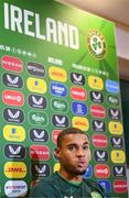 10 October 2023; Goalkeeper Gavin Bazunu during a Republic of Ireland press conference at FAI Headquarters in Abbotstown, Dublin. Photo by Stephen McCarthy/Sportsfile