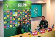 10 October 2023; Goalkeeper Gavin Bazunu and Kieran Crowley, FAI communications manager, during a Republic of Ireland press conference at FAI Headquarters in Abbotstown, Dublin. Photo by Stephen McCarthy/Sportsfile