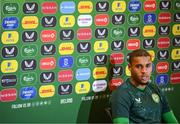 10 October 2023; Goalkeeper Gavin Bazunu during a Republic of Ireland press conference at FAI Headquarters in Abbotstown, Dublin. Photo by Stephen McCarthy/Sportsfile