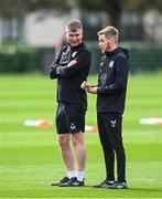 10 October 2023; Manager Stephen Kenny and Sam Rice, athletic therapist, during a Republic of Ireland training session at the FAI National Training Centre in Abbotstown, Dublin. Photo by Stephen McCarthy/Sportsfile