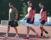 11 October 2023; Head coach Andy Farrell, left, with Ryan Baird and Iain Henderson during an Ireland Rugby squad training session at Stade Omnisports des Fauvettes in Domont, France. Photo by Harry Murphy/Sportsfile