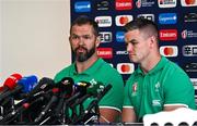 11 October 2023; Head coach Andy Farrell, left, and Jonathan Sexton during an Ireland Rugby media conference at Stade Omnisports des Fauvettes in Domont, France. Photo by Harry Murphy/Sportsfile