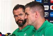 11 October 2023; Head coach Andy Farrell, left, and Jonathan Sexton during an Ireland Rugby media conference at Stade Omnisports des Fauvettes in Domont, France. Photo by Harry Murphy/Sportsfile