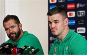11 October 2023; Jonathan Sexton, right, and head coach Andy Farrell during an Ireland Rugby media conference at Stade Omnisports des Fauvettes in Domont, France. Photo by Harry Murphy/Sportsfile