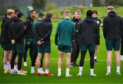 11 October 2023; Manager Stephen Kenny speaks to his players during a Republic of Ireland training session at the FAI National Training Centre in Abbotstown, Dublin. Photo by Stephen McCarthy/Sportsfile