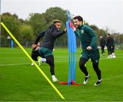 11 October 2023; Mikey Johnston and Callum Robinson, left, during a Republic of Ireland training session at the FAI National Training Centre in Abbotstown, Dublin. Photo by Stephen McCarthy/Sportsfile