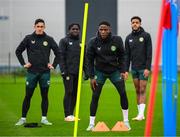 11 October 2023; Chiedozie Ogbene with, from left, Jamie McGrath, Festy Ebosele and Andrew Omobamidele during a Republic of Ireland training session at the FAI National Training Centre in Abbotstown, Dublin. Photo by Stephen McCarthy/Sportsfile