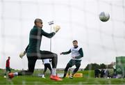 11 October 2023; Mikey Johnston and goalkeeper Gavin Bazunu during a Republic of Ireland training session at the FAI National Training Centre in Abbotstown, Dublin. Photo by Stephen McCarthy/Sportsfile