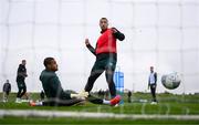 11 October 2023; Adam Idah and goalkeeper Gavin Bazunu during a Republic of Ireland training session at the FAI National Training Centre in Abbotstown, Dublin. Photo by Stephen McCarthy/Sportsfile