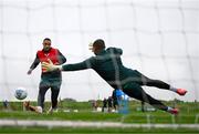 11 October 2023; Adam Idah and goalkeeper Gavin Bazunu during a Republic of Ireland training session at the FAI National Training Centre in Abbotstown, Dublin. Photo by Stephen McCarthy/Sportsfile