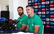 11 October 2023; Jonathan Sexton and head coach Andy Farrell during an Ireland Rugby media conference at Stade Omnisports des Fauvettes in Domont, France. Photo by Harry Murphy/Sportsfile