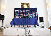 11 October 2023; Head coach Andy Farrell and Jonathan Sexton during an Ireland Rugby media conference at Stade Omnisports des Fauvettes in Domont, France. Photo by Harry Murphy/Sportsfile