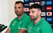 11 October 2023; Hugo Keenan, right, and Tadhg Beirne during an Ireland Rugby media conference at Stade Omnisports des Fauvettes in Domont, France. Photo by Harry Murphy/Sportsfile
