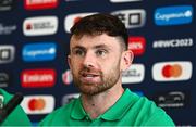 11 October 2023; Hugo Keenan during an Ireland Rugby media conference at Stade Omnisports des Fauvettes in Domont, France. Photo by Harry Murphy/Sportsfile
