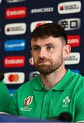 11 October 2023; Hugo Keenan during an Ireland Rugby media conference at Stade Omnisports des Fauvettes in Domont, France. Photo by Harry Murphy/Sportsfile