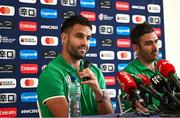 11 October 2023; Conor Murray, left, and IRFU head of innovation and analytics Vinny Hammond during an Ireland Rugby media conference at Stade Omnisports des Fauvettes in Domont, France. Photo by Harry Murphy/Sportsfile
