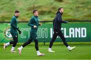 11 October 2023; Jason Knight with Matt Doherty, left, and Shane Duffy, right, during a Republic of Ireland training session at the FAI National Training Centre in Abbotstown, Dublin. Photo by Stephen McCarthy/Sportsfile