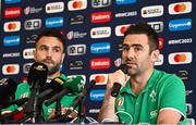 11 October 2023; IRFU head of innovation and analytics Vinny Hammond, right, and Conor Murray during an Ireland Rugby media conference at Stade Omnisports des Fauvettes in Domont, France. Photo by Harry Murphy/Sportsfile