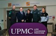11 October 2023; In attendance are, from left, Leitrim hurler Tadhg Branagan, John Windle, General Manager of UPMC Sports Medicine, Fiona Roche, Business Development and Marketing manager at UPMC Sports Surgery Clinic, GPA Welfare and Engagement manager Colm Begley and Kilkenny Camogie player Katie Power as the GPA and UPMC launch new priority access to care pathway for inter-county players at the Sports Surgery Clinic in Santry, Dublin. Photo by David Fitzgerald/Sportsfile