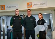 11 October 2023; In attendance are, from left, Leitrim hurler Tadhg Branagan, GPA Welfare and Engagement manager Colm Begley and Kilkenny Camogie player Katie Power as the GPA and UPMC launch new priority access to care pathway for inter-county players at the Sports Surgery Clinic in Santry, Dublin. Photo by David Fitzgerald/Sportsfile