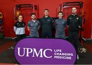 11 October 2023; In attendance are, from left, Kilkenny Camogie player Katie Power, Dr Neil Welch, Head of Lab services and research at the Sports Surgery Clinic, GPA Welfare and Engagement manager Colm Begley, Colm Fuller, Head of Physiotherapy at the Sports Surgery Clinic and Leitrim hurler Tadhg Branagan as the GPA and UPMC launch new priority access to care pathway for inter-county players at the Sports Surgery Clinic in Santry, Dublin. Photo by David Fitzgerald/Sportsfile