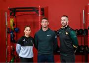 11 October 2023; In attendance are, from left, Kilkenny Camogie player Katie Power, GPA Welfare and Engagement manager Colm Begley and Leitrim hurler Tadhg Branagan as the GPA and UPMC launch new priority access to care pathway for inter-county players at the Sports Surgery Clinic in Santry, Dublin. Photo by David Fitzgerald/Sportsfile