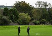 11 October 2023; Republic of Ireland head coach Colin O'Brien, right, and assistant manager David Meyler walk the pitch before the UEFA European U17 Championship qualifying group 10 match between Republic of Ireland and Armenia at Carrig Park in Fermoy, Cork. Photo by Eóin Noonan/Sportsfile