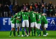 11 October 2023; Republic of Ireland players huddle before the UEFA European U17 Championship qualifying group 10 match between Republic of Ireland and Armenia at Carrig Park in Fermoy, Cork. Photo by Eóin Noonan/Sportsfile