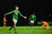 11 October 2023; Mason Melia of Republic of Ireland celebrates after scoring his side's first goal during the UEFA European U17 Championship qualifying group 10 match between Republic of Ireland and Armenia at Carrig Park in Fermoy, Cork. Photo by Eóin Noonan/Sportsfile