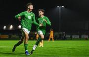 11 October 2023; Mason Melia of Republic of Ireland, left, celebrates with team-mate Aaron Ochoa Moloney after scoring his side's first goal during the UEFA European U17 Championship qualifying group 10 match between Republic of Ireland and Armenia at Carrig Park in Fermoy, Cork. Photo by Eóin Noonan/Sportsfile