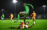 11 October 2023; Harry McGlinchey of Republic of Ireland is tackled by Andranik Hakobyan of Armenia during the UEFA European U17 Championship qualifying group 10 match between Republic of Ireland and Armenia at Carrig Park in Fermoy, Cork. Photo by Eóin Noonan/Sportsfile