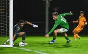 11 October 2023; Mason Melia of Republic of Ireland scores his side's first goal during the UEFA European U17 Championship qualifying group 10 match between Republic of Ireland and Armenia at Carrig Park in Fermoy, Cork. Photo by Eóin Noonan/Sportsfile
