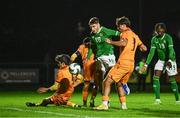 11 October 2023; Mason Melia of Republic of Ireland has a shot on goal blocked by Sergey Harutyunyan of Armenia during the UEFA European U17 Championship qualifying group 10 match between Republic of Ireland and Armenia at Carrig Park in Fermoy, Cork. Photo by Eóin Noonan/Sportsfile