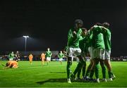 11 October 2023; Mason Melia of Republic of Ireland, hidden, celebrates with team-mates after scoring his side's first goal during the UEFA European U17 Championship qualifying group 10 match between Republic of Ireland and Armenia at Carrig Park in Fermoy, Cork. Photo by Eóin Noonan/Sportsfile
