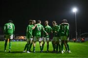 11 October 2023; Mason Melia of Republic of Ireland, 10, celebrates with team-mates after scoring his side's first goal during the UEFA European U17 Championship qualifying group 10 match between Republic of Ireland and Armenia at Carrig Park in Fermoy, Cork. Photo by Eóin Noonan/Sportsfile