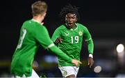 11 October 2023; Jayden Umeh of Republic of Ireland celebrates after scoring his side's second goal during the UEFA European U17 Championship qualifying group 10 match between Republic of Ireland and Armenia at Carrig Park in Fermoy, Cork. Photo by Eóin Noonan/Sportsfile