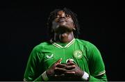 11 October 2023; Jayden Umeh of Republic of Ireland celebrates after scoring his side's second goal during the UEFA European U17 Championship qualifying group 10 match between Republic of Ireland and Armenia at Carrig Park in Fermoy, Cork. Photo by Eóin Noonan/Sportsfile