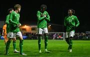 11 October 2023; Jayden Umeh of Republic of Ireland, centre, celebrates with team-mates after scoring his side's second goal during the UEFA European U17 Championship qualifying group 10 match between Republic of Ireland and Armenia at Carrig Park in Fermoy, Cork. Photo by Eóin Noonan/Sportsfile