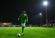 11 October 2023; Ike Orazi of Republic of Ireland prepares to take a corner during the UEFA European U17 Championship qualifying group 10 match between Republic of Ireland and Armenia at Carrig Park in Fermoy, Cork. Photo by Eóin Noonan/Sportsfile