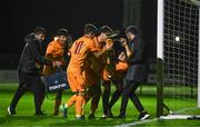 11 October 2023; Sergey Harutyunyan of Armenia is carried off the pitch by team-mates and medical staff during the UEFA European U17 Championship qualifying group 10 match between Republic of Ireland and Armenia at Carrig Park in Fermoy, Cork. Photo by Eóin Noonan/Sportsfile