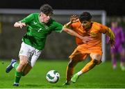11 October 2023; Rory Finneran of Republic of Ireland in action against Gary Grigoryan of Armenia during the UEFA European U17 Championship qualifying group 10 match between Republic of Ireland and Armenia at Carrig Park in Fermoy, Cork. Photo by Eóin Noonan/Sportsfile