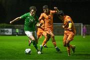 11 October 2023; Matthew Murray of Republic of Ireland in action against Davit Harutyunyan of Armenia during the UEFA European U17 Championship qualifying group 10 match between Republic of Ireland and Armenia at Carrig Park in Fermoy, Cork. Photo by Eóin Noonan/Sportsfile