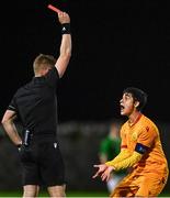 11 October 2023; Referee Jakob Alexander Sundberg shows a red card to Karen Hovakimyan of Armenia during the UEFA European U17 Championship qualifying group 10 match between Republic of Ireland and Armenia at Carrig Park in Fermoy, Cork. Photo by Eóin Noonan/Sportsfile