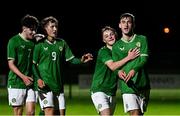11 October 2023; Mason Melia of Republic of Ireland, right, celebrates with teammate Kaylem Harnett after scoring their side's third goal during the UEFA European U17 Championship qualifying group 10 match between Republic of Ireland and Armenia at Carrig Park in Fermoy, Cork. Photo by Eóin Noonan/Sportsfile