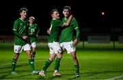 11 October 2023; Mason Melia of Republic of Ireland, right, celebrates with teammate Kaylem Harnett after scoring their side's third goal during the UEFA European U17 Championship qualifying group 10 match between Republic of Ireland and Armenia at Carrig Park in Fermoy, Cork. Photo by Eóin Noonan/Sportsfile