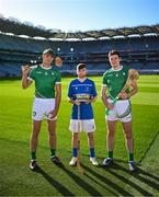 12 October 2023; Ireland players Peter Duggan, left, and David Fitzgerald with Scotland player Ruairidh Anderson in attendance at the Hurling Shinty International 2023 launch at Croke Park in Dublin. Photo by Piaras Ó Mídheach/Sportsfile