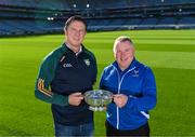 12 October 2023; Ireland manager Damien Coleman and Scotland manager Garry Reid in attendance at the Hurling Shinty International 2023 launch at Croke Park in Dublin. Photo by Piaras Ó Mídheach/Sportsfile