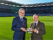 12 October 2023; Uachtarán Chumann Lúthchleas Gael Larry McCarthy with Camanachd Association president Steven MacKenzie, right, in attendance at the Hurling Shinty International 2023 launch at Croke Park in Dublin. Photo by Piaras Ó Mídheach/Sportsfile