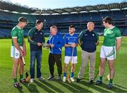 12 October 2023; In attendance are from left, Ireland player Peter Duggan, Ireland manager Damien Coleman, Scotland manager Garry Reid, Scotland player Ruairidh Anderson, Ireland selector Terence McNaughton and Ireland player David Fitzgerald at the Hurling Shinty International 2023 launch at Croke Park in Dublin. Photo by Piaras Ó Mídheach/Sportsfile